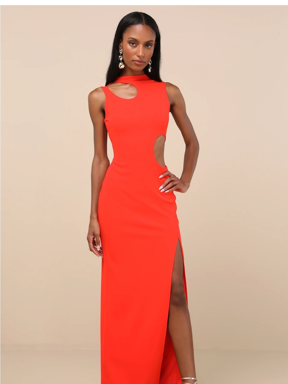 Lulu's Vibrant Orange Cutout Maxi Gown with Side Slit - Picture 1 of 2